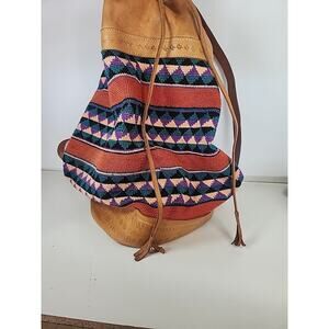 LARGE BACKPACK HAND WOVEN WOOL KILIM TOOLED LEATHER VTG SLING PURSE TOTE BAG